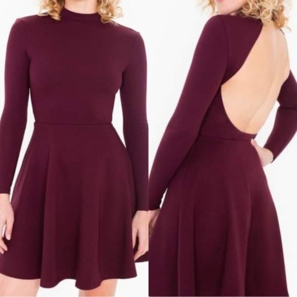American Apparel | Maroon Open Back Long Sleeve Skater Dress | Size Extra Small